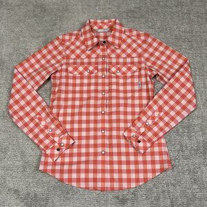 Stio Eddy Shirt Women XS Long Sleeve Plaid Pearl Snap Western Pink Orange Hiking